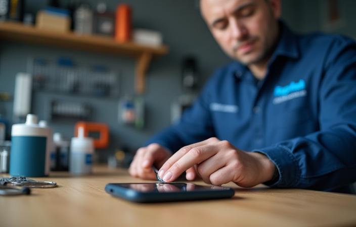 Technicien réparant un smartphone dans l'atelier Répar'Tel Solutions